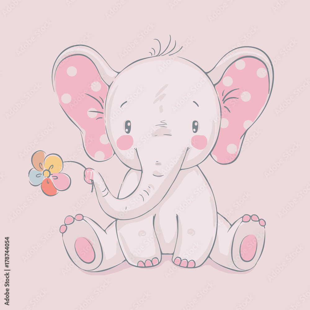 Naklejka premium Słodki słoń z kwiatem kreskówka ręcznie rysowane ilustracji wektorowych. Może być stosowany do nadruku na koszulce dziecięcej, projektowania modowego nadruku, odzieży dziecięcej, uroczystości baby shower, karty okolicznościowej i zaproszenia.
