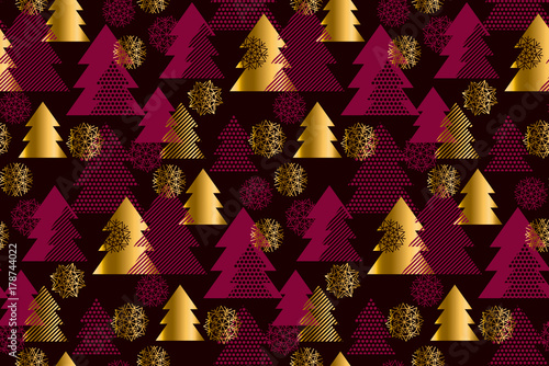Gold and red color Happy new year and xmas tree seamless pattern illustration. Concept Christmas textile and wrapping paper vector motif.