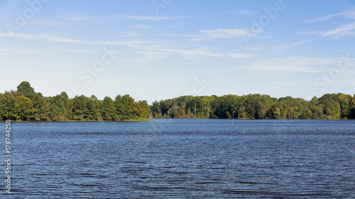Trees on the shore of a blue lake in late summer
