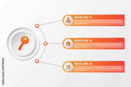 Three step infographic chart with business icons in warm orange color. Vector illustration of a real estate chart with 3 options.