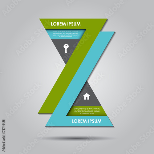 Hourglass style infograph design with key and house icon for building and property presentations. Vector Illustration of a modern style 2 step infographic chart in green and blue bright colors.