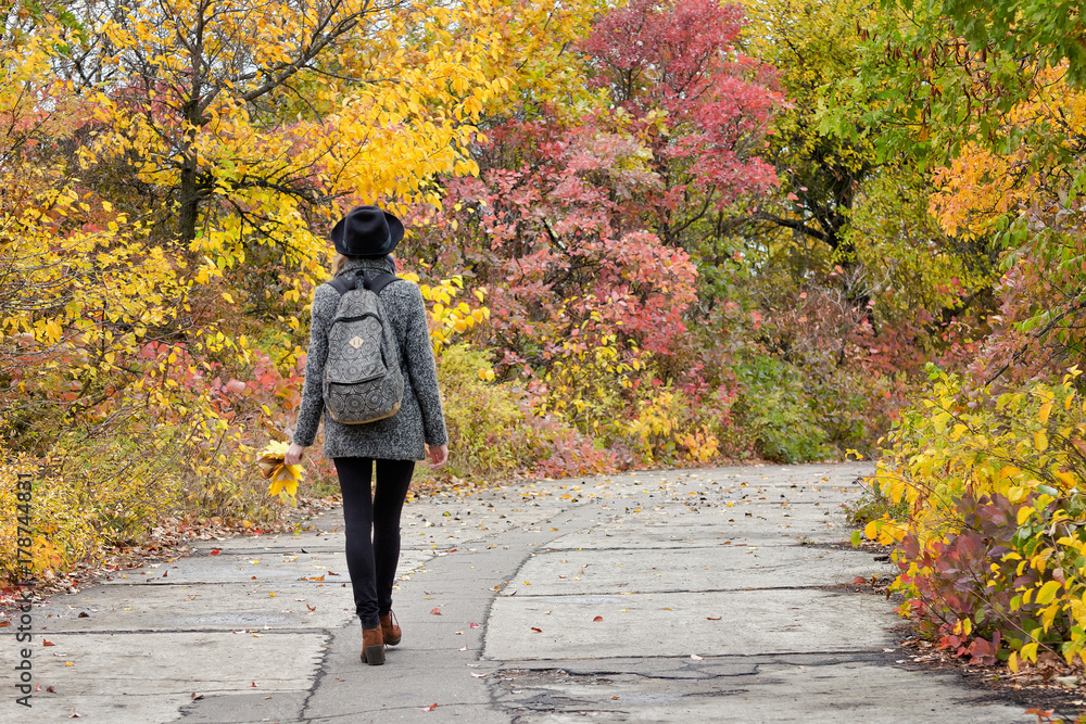 Fototapeta premium Girl in a hat walking in the autumn park. Bright foliage. Back view