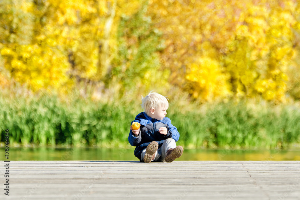 Fototapeta premium Little blond boy eating an apple on the dock. Autumn, sunny.