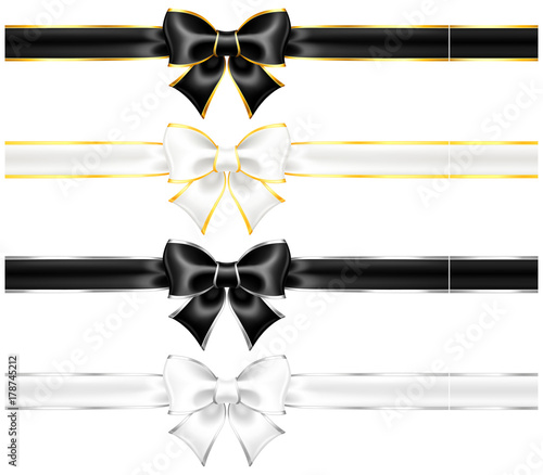 White and black bows with gold and silver edging and ribbons