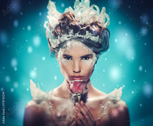 Fotografie, Obraz Beautiful ice queen in a falling snow