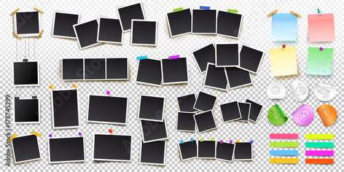 Big set of square vector photo frames on sticky tape, pins and rivets, and office paper sheets or sticky stickers with shadow. Vector illustration. Isolated on transparent background