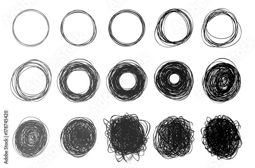 Set of hand drawn circles using sketch drawing scribble circle lines. Freehand drawing. Doodle circular logo elements. Vector illustration. Isolated on white background