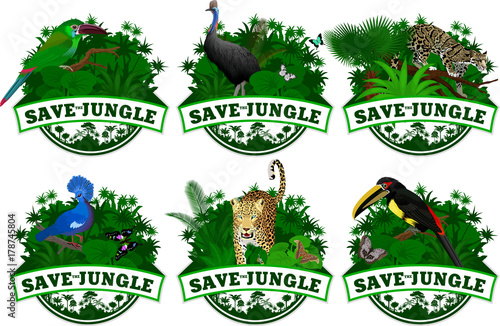 set of vector illustrations emblems save jungle with animals 