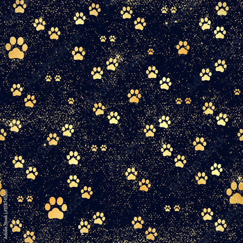 Gold Paw print seamless. Traces of Cat Textile Pattern. Vector seamless