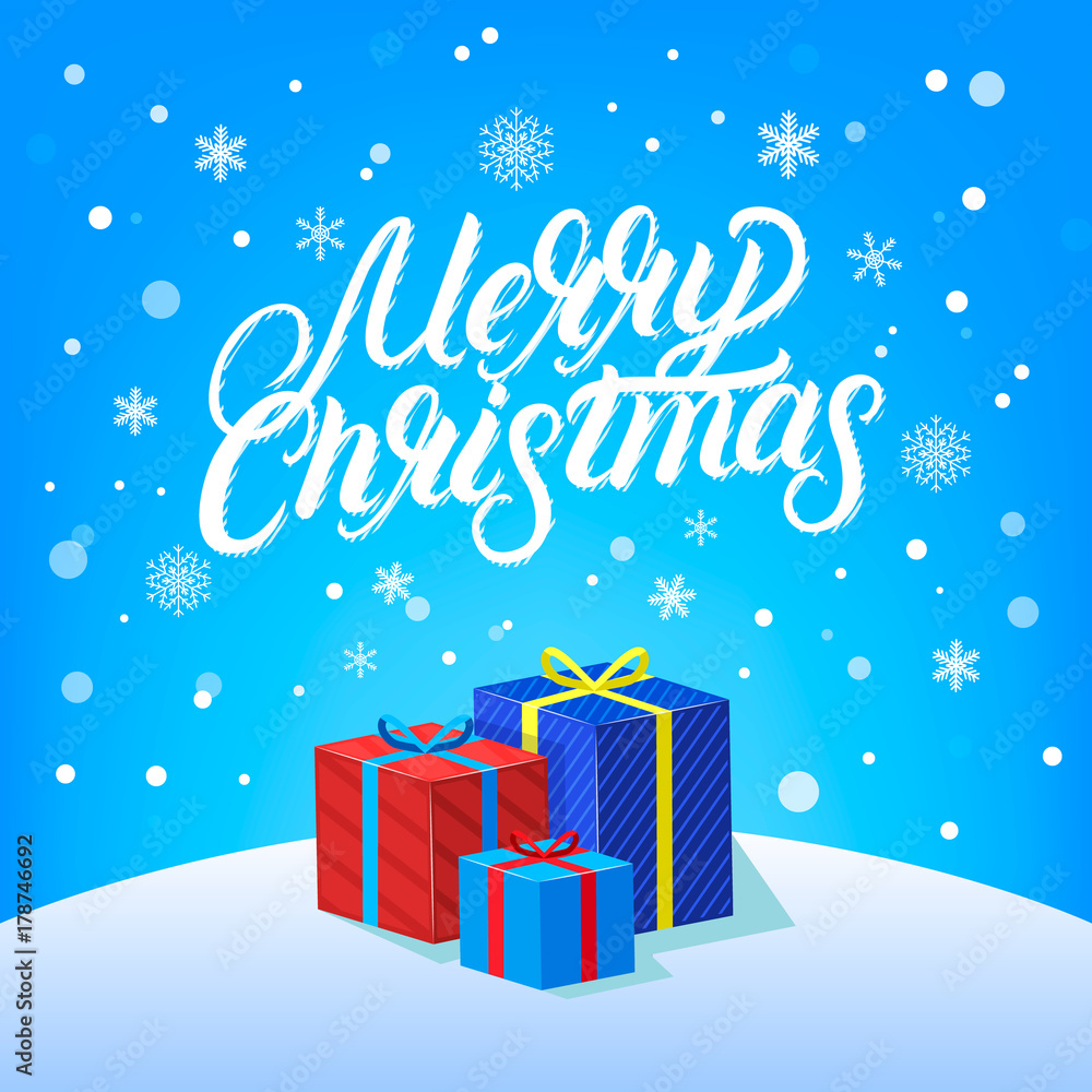 Merry Christmas hand written lettering design with falling snoy, snowflakes and gifts.