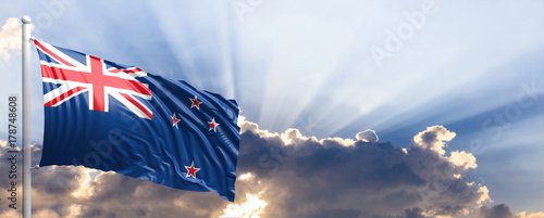 Photography New Zealand flag on blue sky. 3d illustration