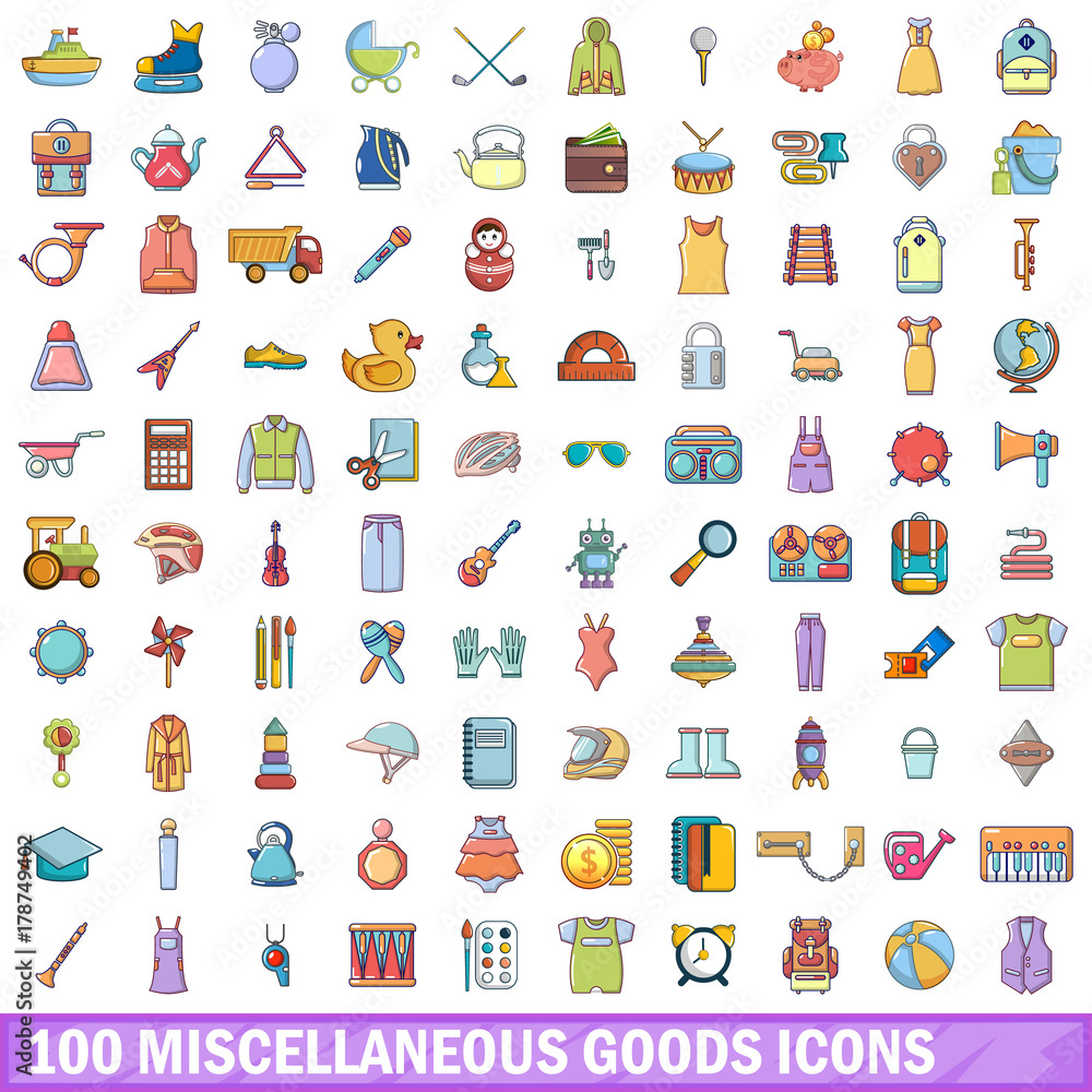 100 miscellaneous goods icons set, cartoon style 