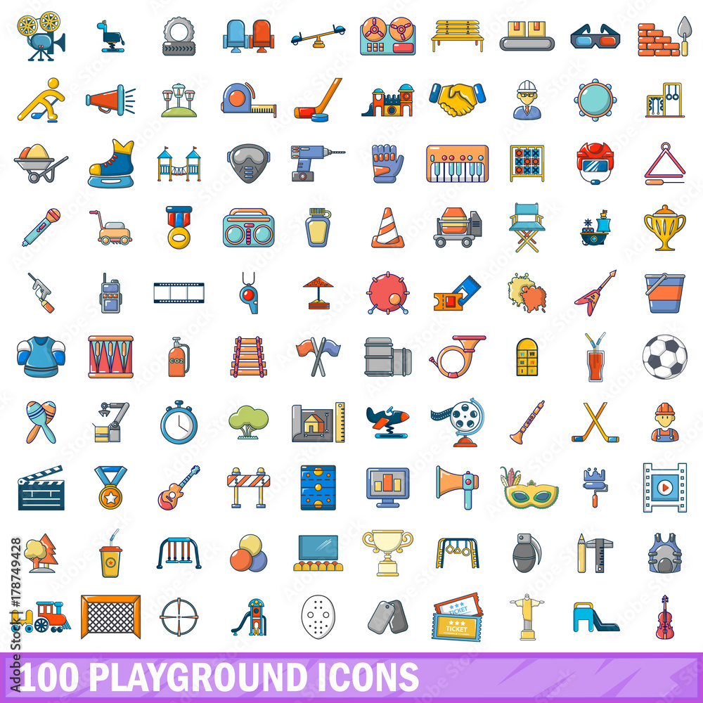 Fototapeta premium 100 playground icons set, cartoon style 