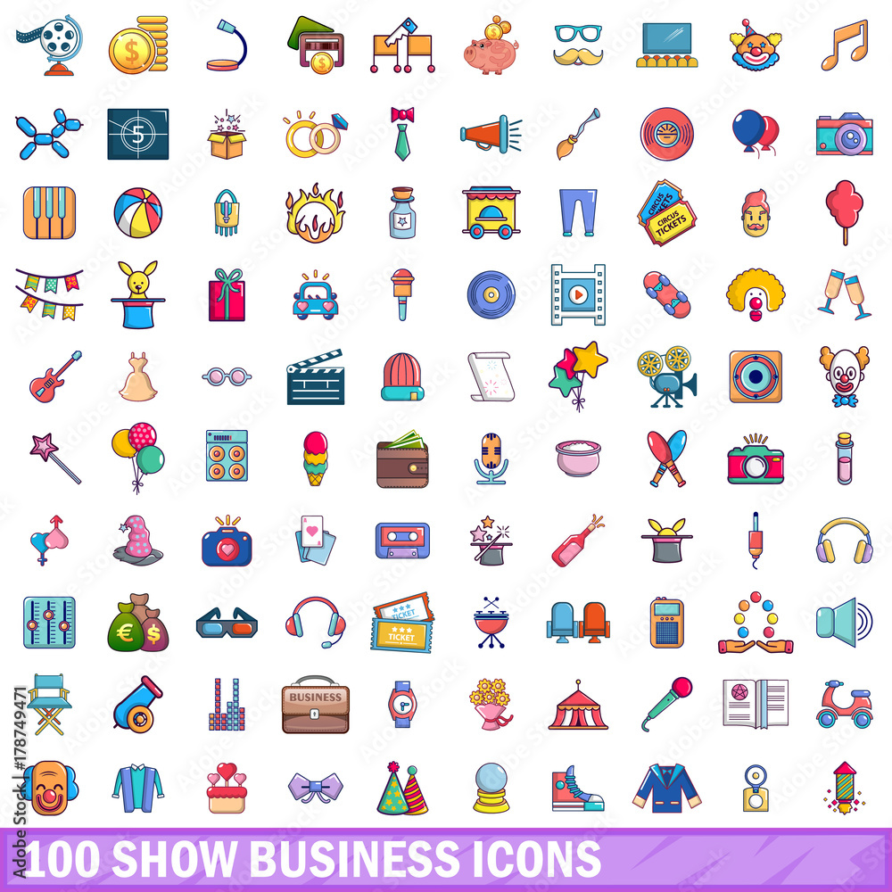Fototapeta premium 100 show business icons set, cartoon style 