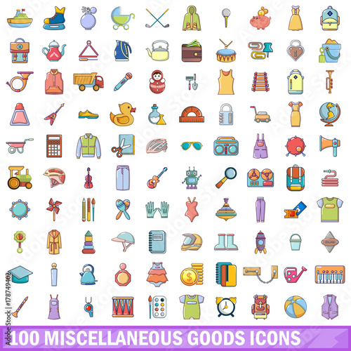 100 miscellaneous goods icons set, cartoon style 