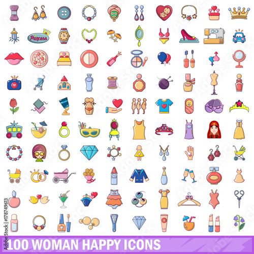 100 woman happy icons set, cartoon style 