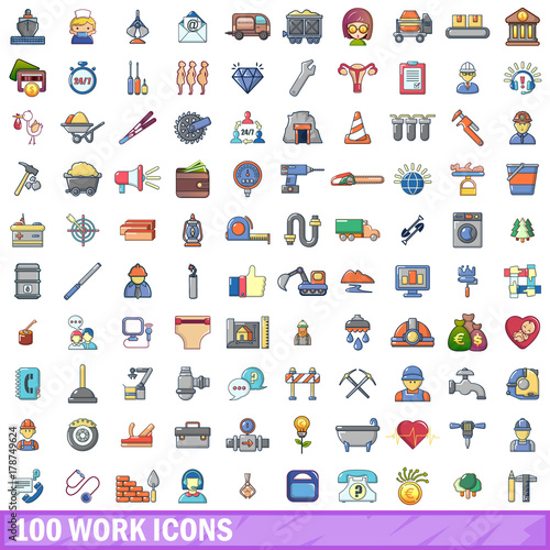 100 work icons set, cartoon style 