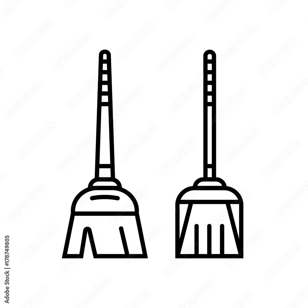 Broom and dust pan flat line icons. Broomstick and scoop vector Broom and dust pan flat line icons. Broomstick and scoop vector