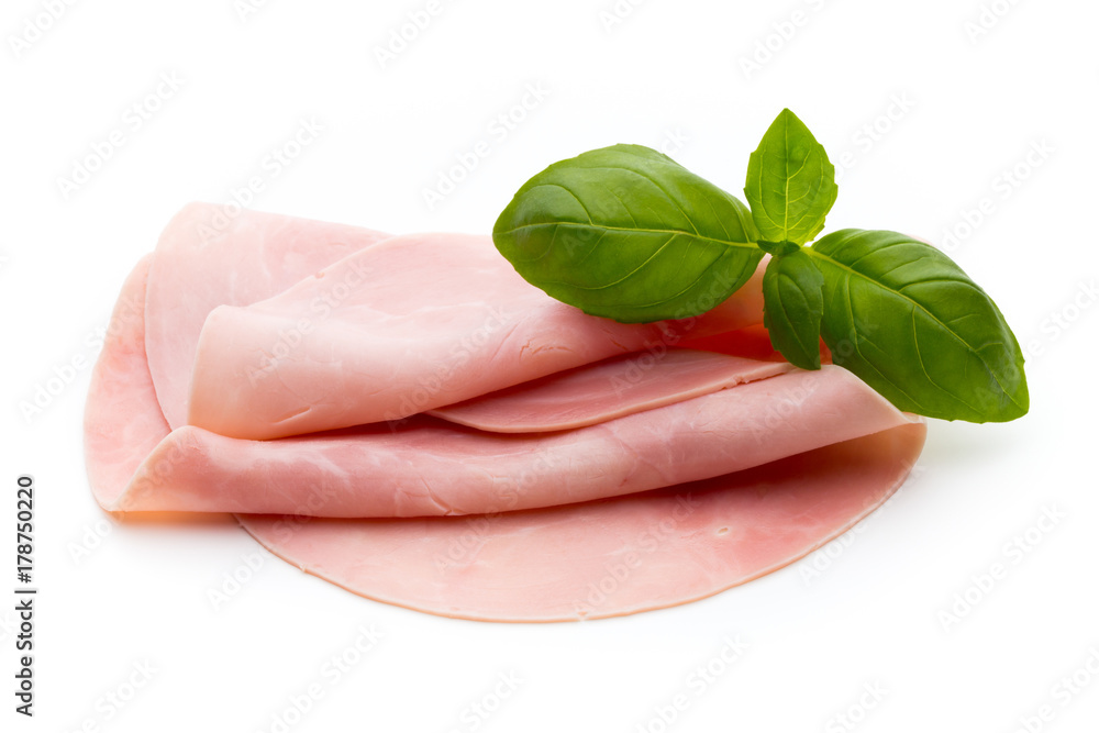 Sliced boiled ham sausage isolated on white background, top view. Sliced boiled ham sausage isolated on white background, top view.