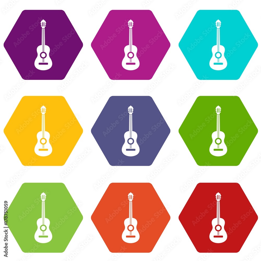 Classical guitar icon set color hexahedron Classical guitar icon set color hexahedron