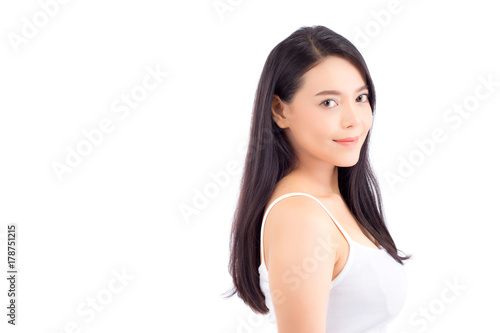 Portrait of beautiful asian woman makeup of cosmetic  girl hand smile attractive  face of beauty perfect with wellness isolated on white background with skin healthcare concept.