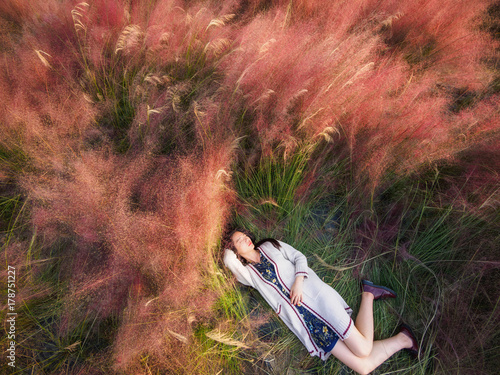 Portrait of beautiful young Chinese woman wearing white sweater sleeping in the pink hairawn muhly field, aerial view. photo