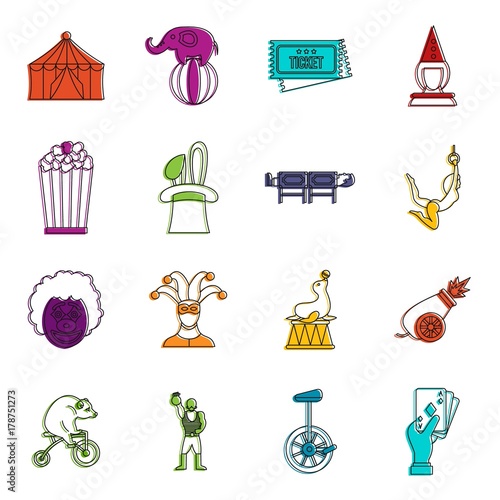 Circus entertainment icons doodle set