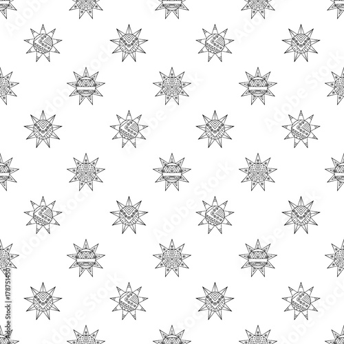 Vector seamless hand drawn pattern  decorative stylized vintage childish tribal sun with lights. Doodle style  tribal graphic illustration Line drawing. Series of doodle  cartoon  sketch illustrations