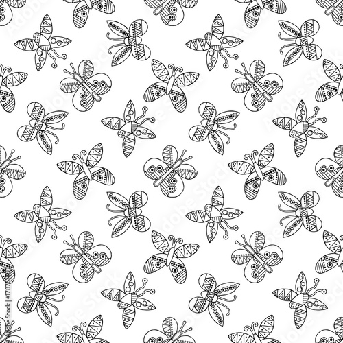 Vector hand drawn seamless pattern, decorative stylized childish butterflies. Doodle style, tribal graphic illustration Cute hand drawing Series of doodle, cartoon, illustrations © Valentain Jevee