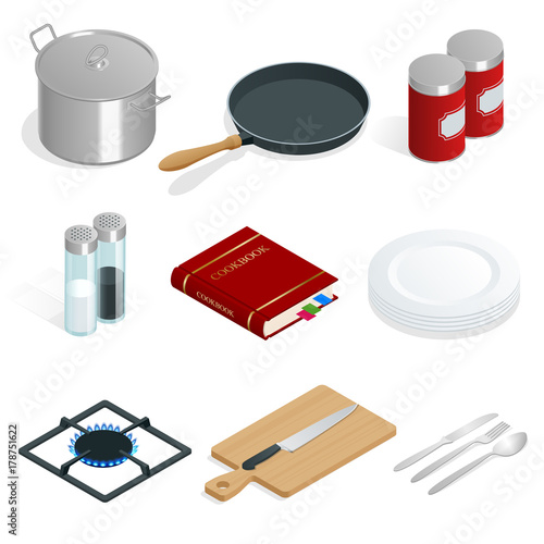 Isometric vector set of professional kitchenware and utensils on white background.
