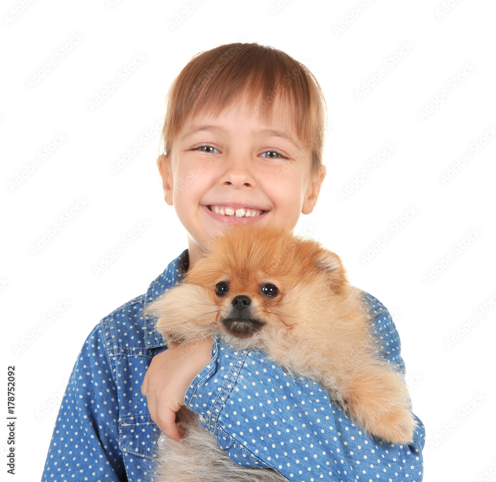 Cute girl with little dog on white background Cute girl with little dog on white background