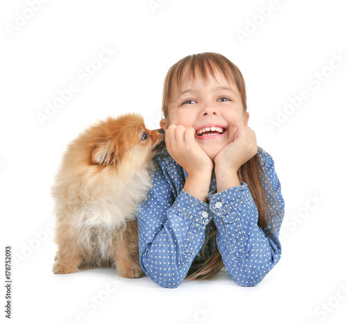 Cute girl with little dog o...