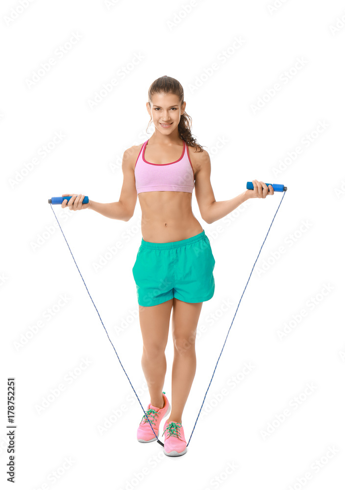 Young woman with jumping rope on white background Young woman with jumping rope on white background