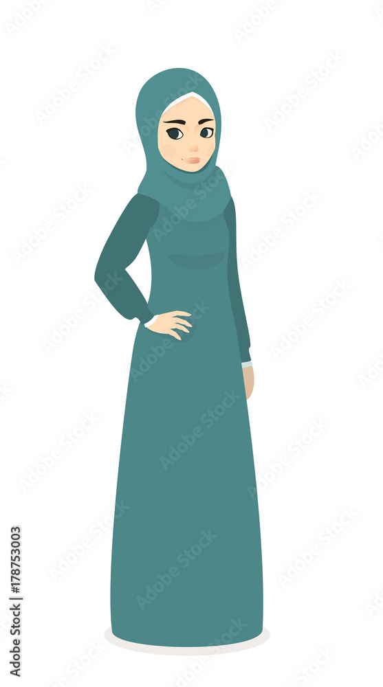 muslim beautiful girl woman in hijab - Full-length standing Portrait, vector illustration flat