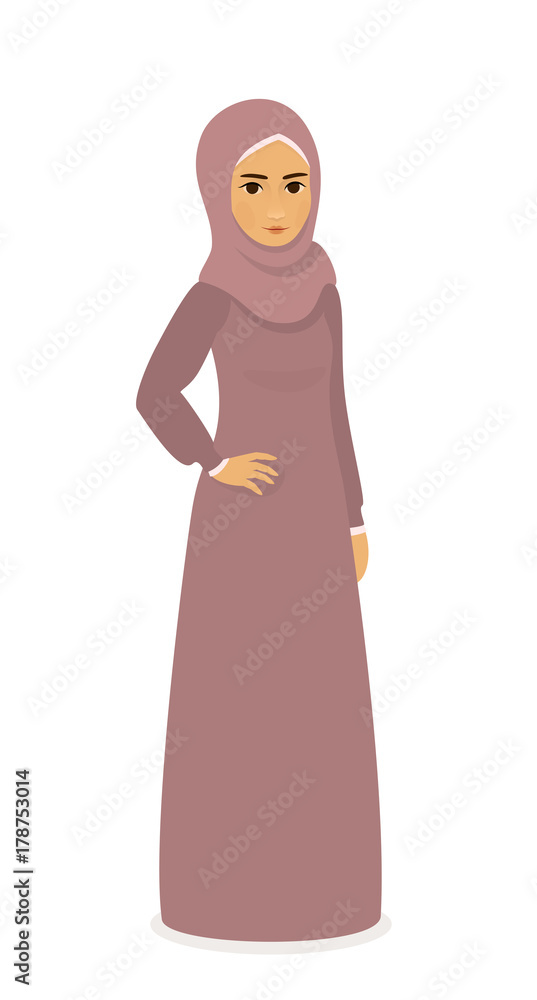 muslim beautiful girl woman in hijab - Full-length standing Portrait, vector illustration flat muslim beautiful girl woman in hijab - Full-length standing Portrait, vector illustration flat