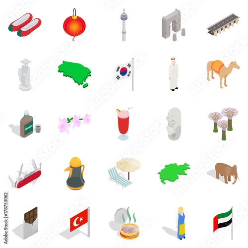 Tourist attraction icons set  isometric style