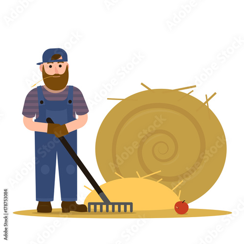 Farmer redneck with beard in overalls and baseball cap hat working with rake and a round sheaf of hay. Vector Illustration, flat Cartoon