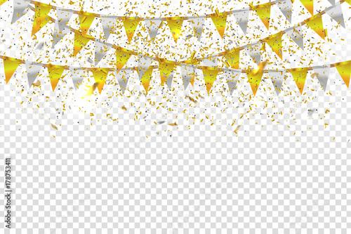 Vector realistic isolated party flags and golden confetti for decoration and covering on the transparent background. Concept of birthday, holiday and celebration.
