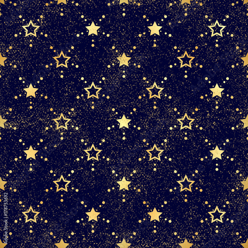 Gold star seamless pattern. Abstract blue modern seamless pattern with gold confetti stars. Shiny background. Texture of gold foil.