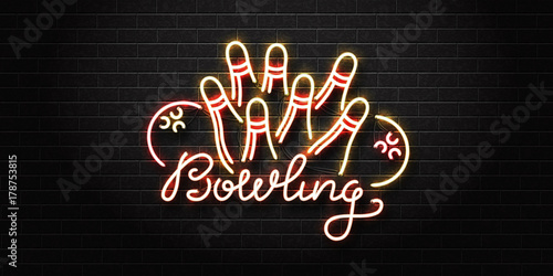 Vector realistic isolated neon sign for bowling for decoration and covering on the wall background. Concept of game sport and bowling club.
