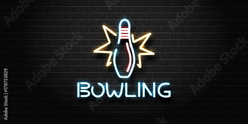 Vector realistic isolated neon sign for bowling for decoration and covering on the wall background. Concept of game sport and bowling club.