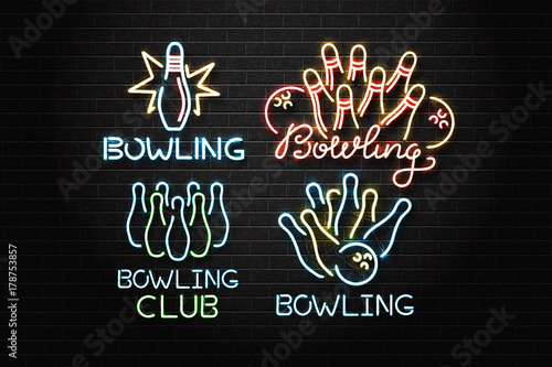 Vector set of realistic isolated neon sign for bowling for decoration and covering on the wall background. Concept of game sport and bowling club.