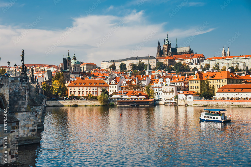 Vltava river and old downtown of Prague, the capital of Czech Republic