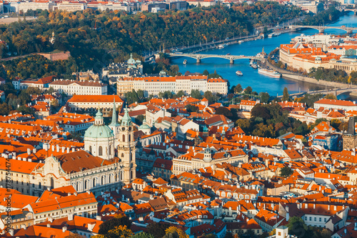 aerial view of mala strana district, Prague Czech republic, red tile roofs