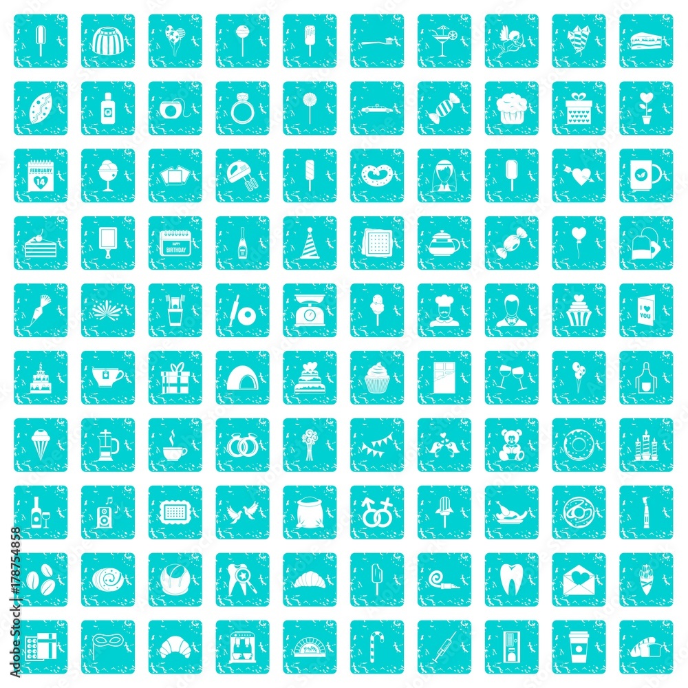 100 sweets icons set grunge blue 100 sweets icons set grunge blue