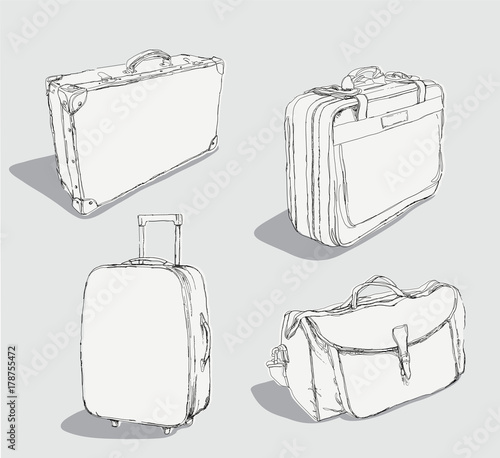 Outlined luggage set - Sketch drawing of vintage suitcases in different styles
