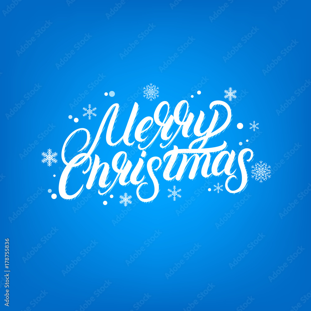 Merry Christmas hand written lettering design. Falling snoy and snowflakes.