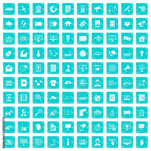 100 telecommunication icons set grunge blue