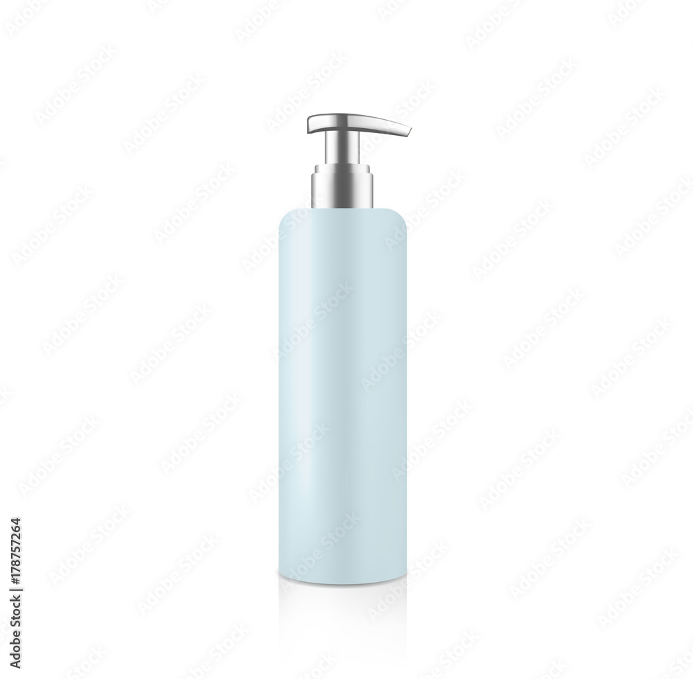 Mock up cosmetic blue bottle with silver metallic dispenser for cream soap gel shampoo etc. Beauty product package template, vector illustration Mock up cosmetic blue bottle with silver metallic dispenser for cream soap gel shampoo etc. Beauty product package template, vector illustration