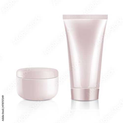 Mock up cosmetic realistic pink plastic cream bottle and tube isolated on white background. Beauty product package template, vector illustration.